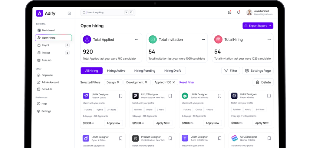 Dashboard - KiddieCove Company hiring dashboard showing metrics: Total Applied, Total Invitation, Total Hiring with candidate cards grid and left navigation menu.