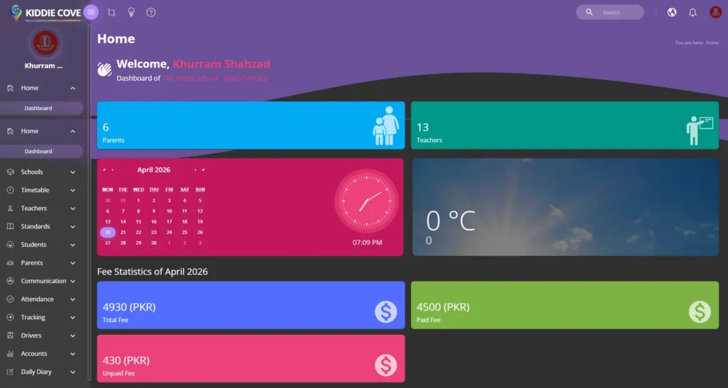 image 1 - KiddieCove Dashboard home: left navigation with menu items and a purple header, colorful statistic cards for Parents (6) and Teachers (13). The calendar, time/weather tiles are visible below, with a bold welcome area at top left.