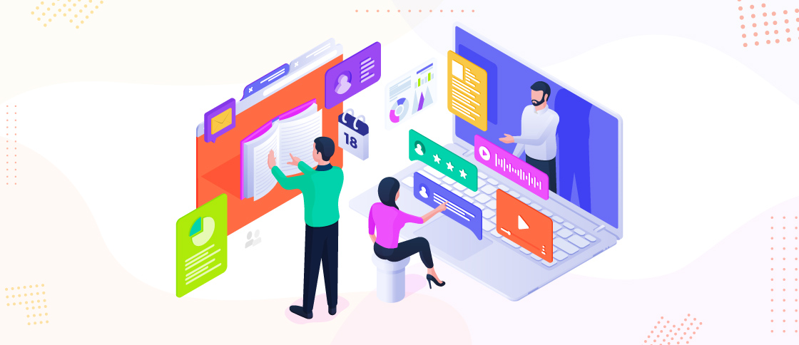 ESK-SMS-BlogPost_SMSvsLMS-Thumbnail-311022jpg - KiddieCove Isometric scene of people collaborating with a large laptop displaying charts, videos, and floating UI cards.",