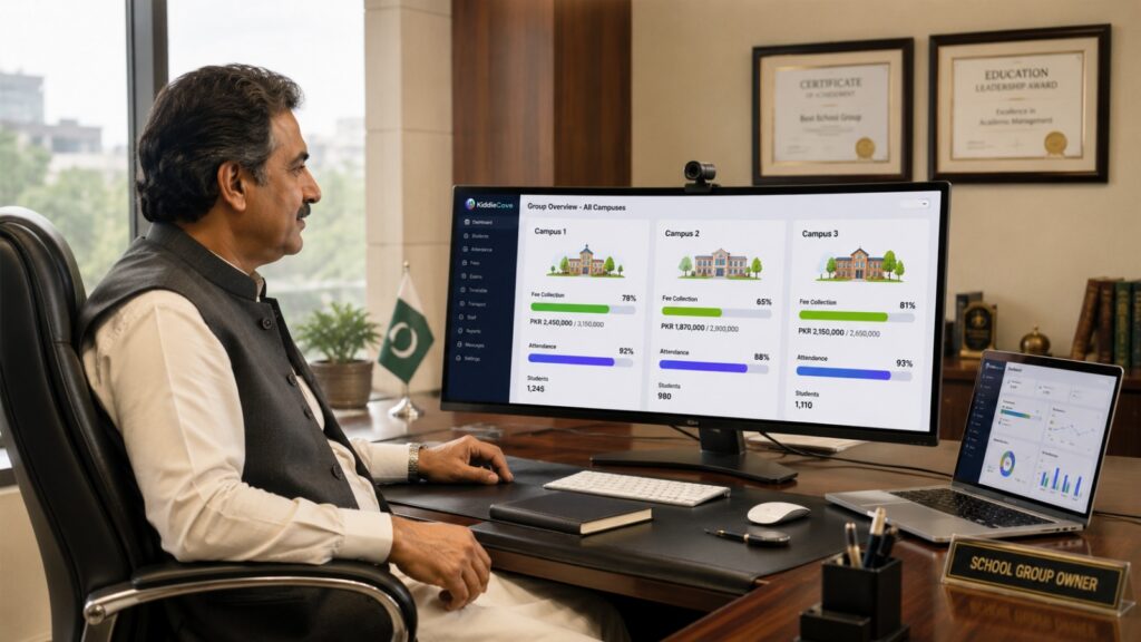 WhatsApp Image 2026-07-21 at 73444 PM - KiddieCove Side profile of a man in a traditional vest and kurta at a desk, reviewing a large computer monitor showing campus dashboards and metrics.
