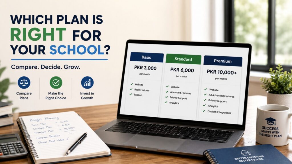 WhatsApp Image 2026-07-23 at 32159 PM - KiddieCove Marketing image showing a laptop displaying three pricing plans (Basic, Standard, Premium) with monthly prices in PKR and checkmarks, beside a desk setup and a bold headline reading, 'Which plan is RIGHT FOR YOUR SCHOOL?'.
