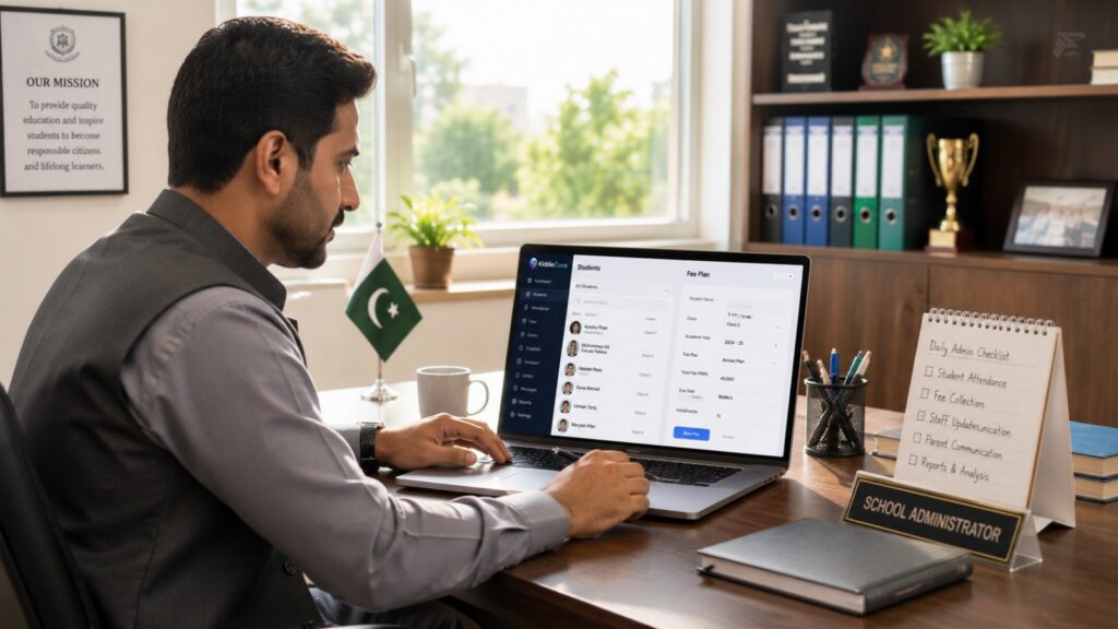 WhatsApp Image 2026-07-24 at 53726 PM - KiddieCove School administrator working at a desk with a laptop displaying student management software, Pakistani flag nearby and office shelves behind him.
