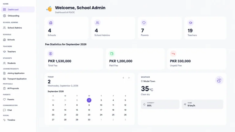 Admin dashboard showing counts: 4 Schools, 4 School Admins, 7 Parents, 19 Teachers with a left navigation menu.