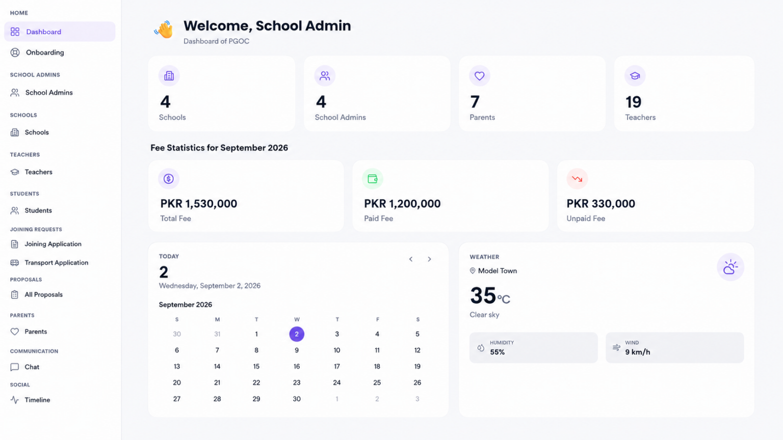 School admin dashboard with summary cards: 4 Schools, 4 School Admins, 7 Parents, 19 Teachers; September 2026 fee stats show PKR 1,530,000 total, PKR 1,200,000 paid, PKR 330,000 unpaid; left navigation menu visible.