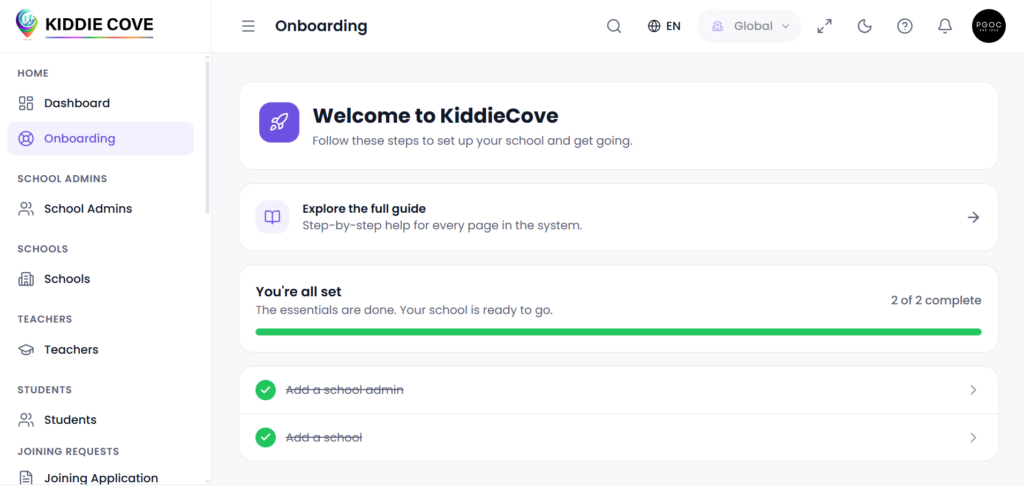 Kiddie Cove onboarding dashboard with left navigation and a highlighted Onboarding item; main area shows welcome card and progress cards.